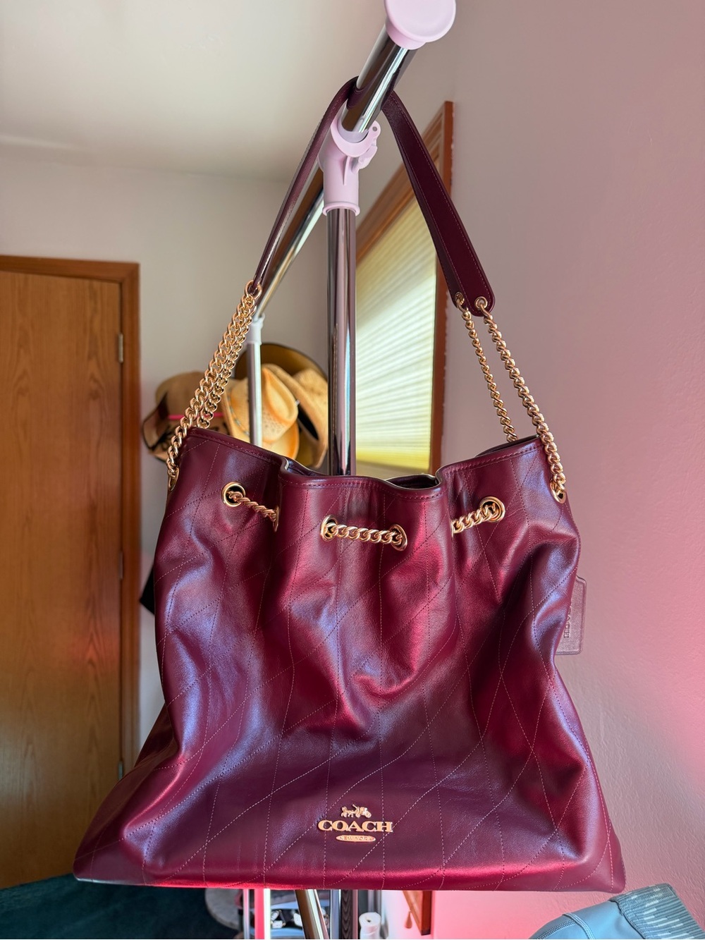 Coach Burgundy Leather Quilted Shoulder Bag with Gold Chain Straps